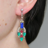 Antique Art Deco Czechoslovakia 'Tutti Frutti' Fruit Salad  Floral Glass Screw Back Rhodium Plated Earrings
