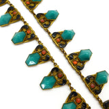 Vintage Art Deco Czech Peach & Green Glass Peacock Cabochon Filigree Panel Necklace