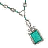 Antique Art Deco Emerald Glass Drop Silver Panel Necklace
