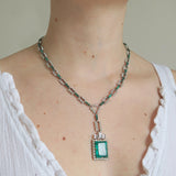 Antique Art Deco Emerald Glass Drop Silver Panel Necklace