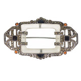 Antique Art Deco Silver Rock Crystal, Onyx, Coral & Marcasite Geometric Brooch