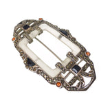 Antique Art Deco Silver Rock Crystal, Onyx, Coral & Marcasite Geometric Brooch