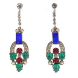 Antique Art Deco Czechoslovakia 'Tutti Frutti' Fruit Salad  Floral Glass Screw Back Rhodium Plated Earrings