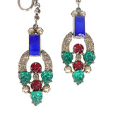 Antique Art Deco Czechoslovakia 'Tutti Frutti' Fruit Salad  Floral Glass Screw Back Rhodium Plated Earrings