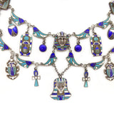 Antique Art Deco French Silver Enamel Egyptian Revival Pharaoh Lotus & Scarab Panel Necklace