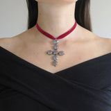 Antique Edwardian Saphiret Glass Cushion Cut Crucifix Cross Pendant Necklace