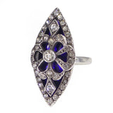 Antique Edwardian Silver Blue Enamel Paste Navette Ring