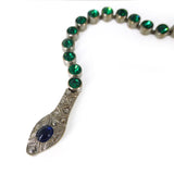 Antique Art Deco Green Bezel Set Silver Metal Snake Bracelet