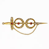 Antique Edwardian Sword & Moon Gold Plated Pearl & Ruby Glass Brooch