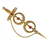Antique Edwardian Sword & Moon Gold Plated Pearl & Ruby Glass Brooch