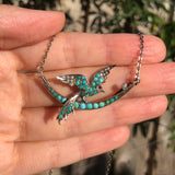 Antique Edwardian Silver Turquoise Bird On Crescent Moon Pendant Necklace