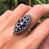 Antique Edwardian Silver Blue Enamel Paste Navette Ring