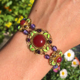Antique Edwardian Czech Purple & Carnelian Glass Floral Panel Bracelet