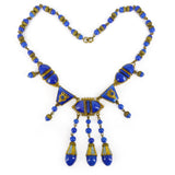 Antique Art Deco Czech Lapis Glass Gold Tone Panel Necklace