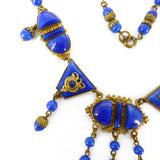 Antique Art Deco Czech Lapis Glass Gold Tone Panel Necklace
