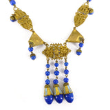 Antique Art Deco Czech Lapis Glass Gold Tone Panel Necklace