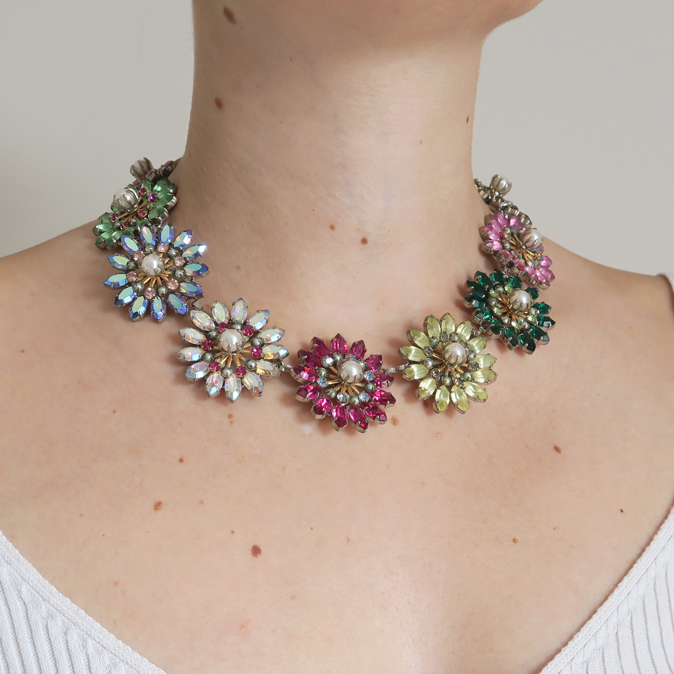 Vintage Mid Century Austrian Floral Paste Rhinestone Aurora Borealis Necklace