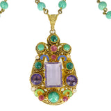 Antique Czechoslovakian Purple & Green Glass Enamel Pendant Necklace