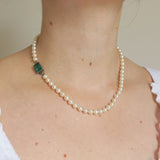 Antique Art Deco Cultured Pearl Emerald Glass Clasp Necklace