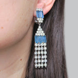 Vintage 1974 Christian Dior Large Blue Glass Rhinestone Clip On Drop Earrings
