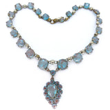 Vintage Art Deco Antique Saphiret Glass Faceted Open Back Pendant Necklace