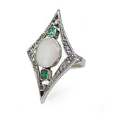 Antique Art Deco Silver Opal Emerald & Sapphire Cocktail Ring
