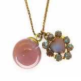 Antique Edwardian Saphiret Glass Heart & Ball Charm Pendant Necklace