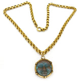 Antique Edwardian Saphiret Glass Man In The Moon Gold Belcher Chain Necklace