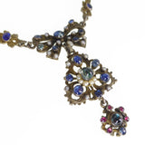 Antique Austro Hungarian Silver Sapphire, Ruby & Pearl Bow Pendant Necklace