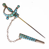 Antique Edwardian Silver Turquoise Sword Jabot Pin Brooch