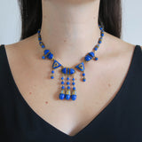 Antique Art Deco Czech Lapis Glass Gold Tone Panel Necklace